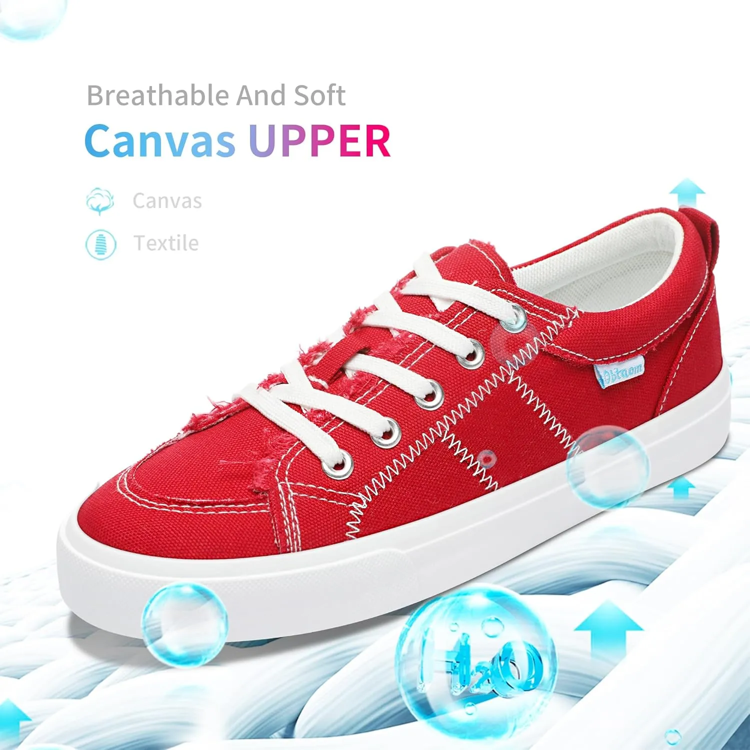 Obtaom Women's White Play Fashion Sneakers Cute Lace up Canvas Shoes Low Top Washed Canvas Flat for Lady
