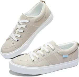 Obtaom Women's White Play Fashion Sneakers Cute Lace up Canvas Shoes Low Top Washed Canvas Flat for Lady