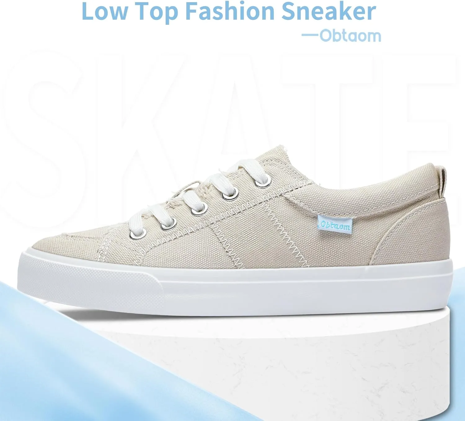 Obtaom Women's White Play Fashion Sneakers Cute Lace up Canvas Shoes Low Top Washed Canvas Flat for Lady