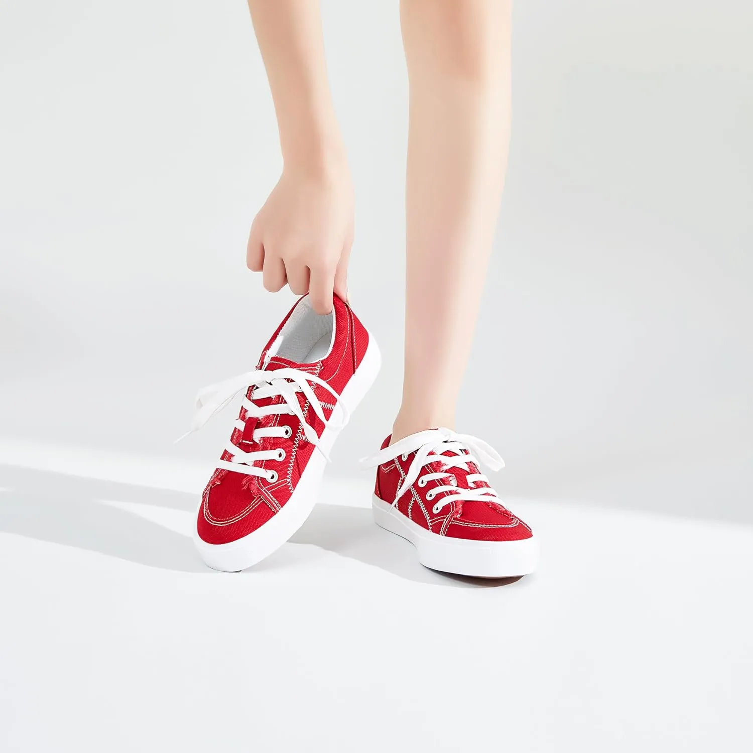 Obtaom Women's White Play Fashion Sneakers Cute Lace up Canvas Shoes Low Top Washed Canvas Flat for Lady