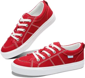 Obtaom Women's White Play Fashion Sneakers Cute Lace up Canvas Shoes Low Top Washed Canvas Flat for Lady