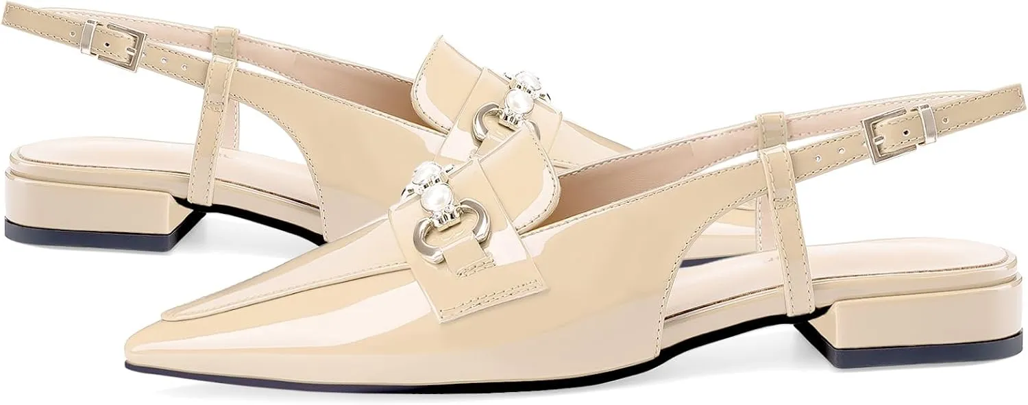 Oh Mispares Slingback Flats for Women Closed Pointed Toe Low Heel Flat Sandals with Pearl Slip On Gold Flats Shoes for Women Wedding Office Causal
