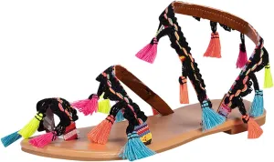 oiangi Fringed Sandals for Women Flat Cute Slides Summer Casual Tassel Straps Toe Ring Clip Toe Slip-on Flip Flops Lightweight Comfy Beach Shoes Slipper