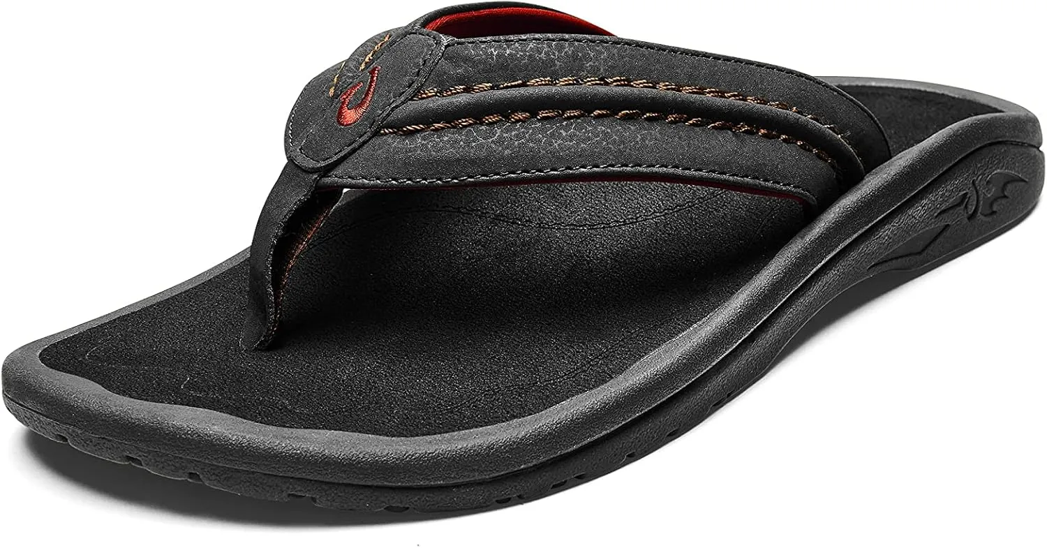 OLUKAI Hokua Men's Beach Sandals, Quick-Dry Flip-Flop Slides, Water Resistant & Wet Grip Rubber Soles, Compression Molded Footbed & Soft Comfort Fit