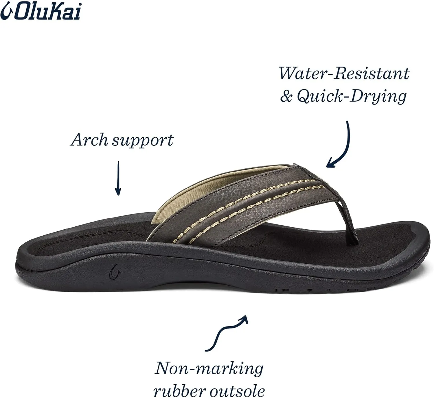OLUKAI Hokua Men's Beach Sandals, Quick-Dry Flip-Flop Slides, Water Resistant & Wet Grip Rubber Soles, Compression Molded Footbed & Soft Comfort Fit