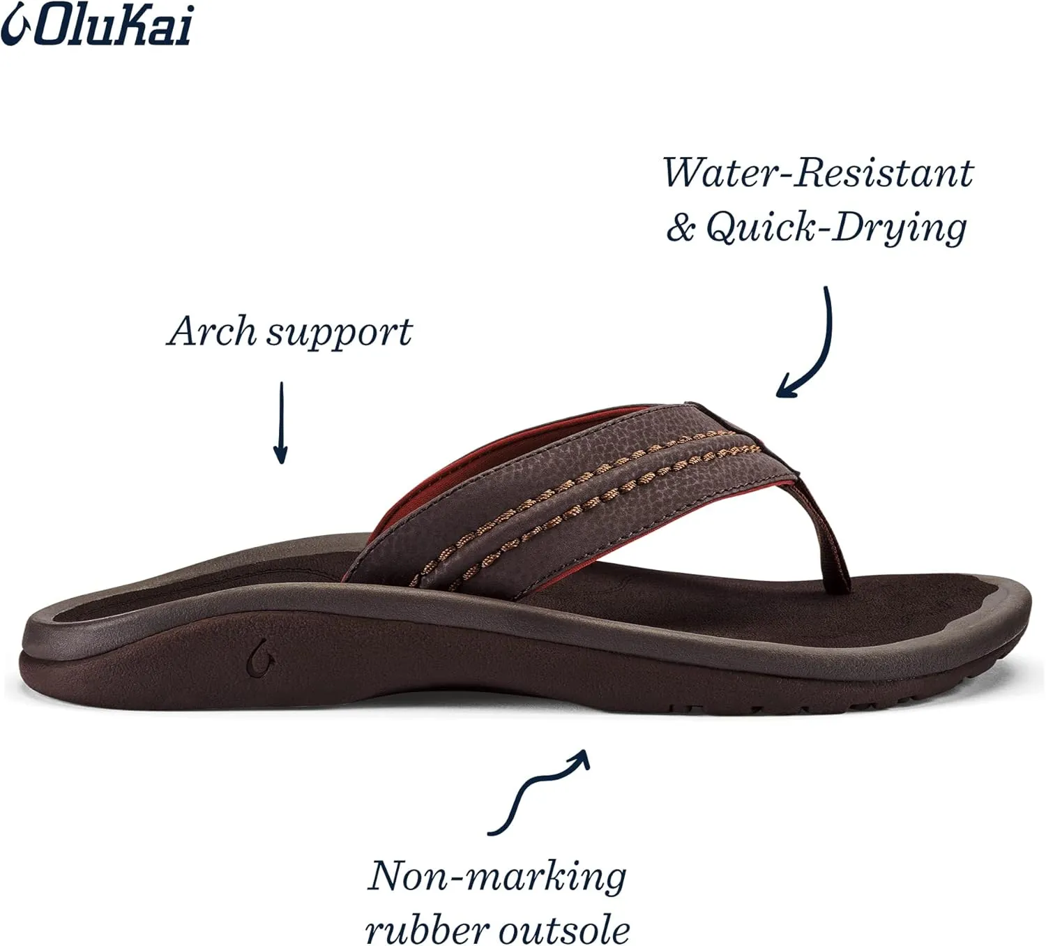 OLUKAI Hokua Men's Beach Sandals, Quick-Dry Flip-Flop Slides, Water Resistant & Wet Grip Rubber Soles, Compression Molded Footbed & Soft Comfort Fit