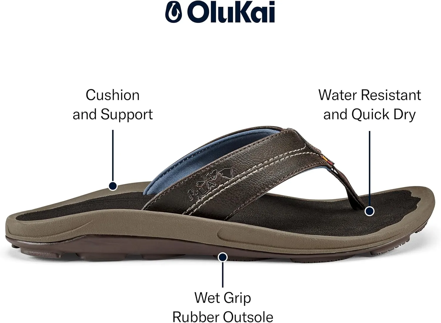 OLUKAI Kipi Men's Beach Sandals, Water Resistant Flip Flops, Quick Dry Material & Arch Support, All-Day Comfort