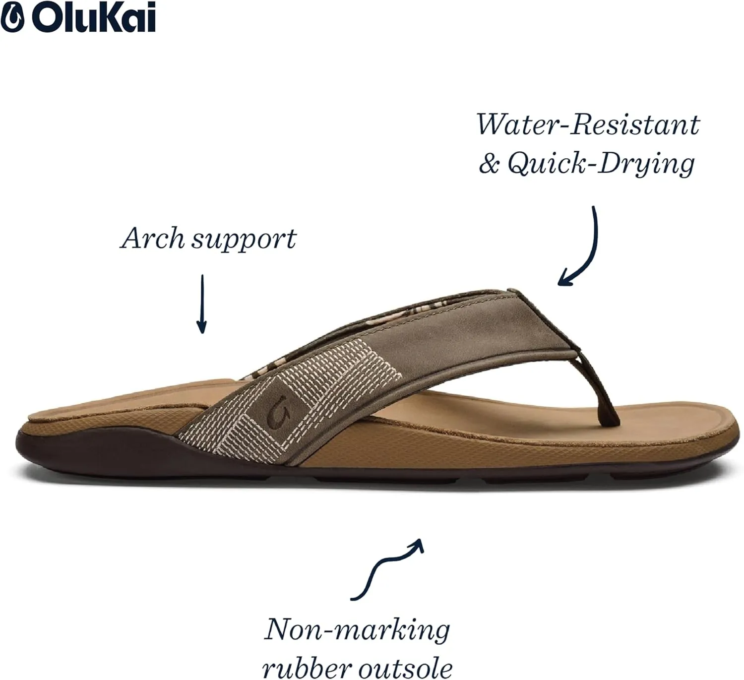 OLUKAI Tuahine Men's Waterproof Leather Sandals, Versatile Beach Flip Flops, Arch Support & Comfort Fit, Lightweight & Durable, Enhanced Grip & Traction