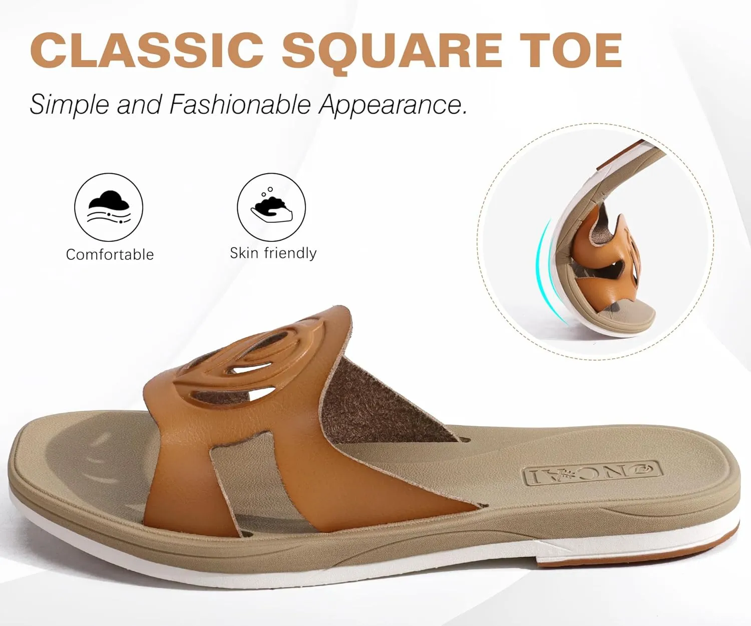 ONCAI Women's Flat Sandals Fashion Square Open Toe Slide Dressy Sandals for Woman Soft Cushion Vegan Comfortable Summer Slip On Casual Walking Outdoor Ladies Sandal Non Slip Rubber Sole Size 6-11 US