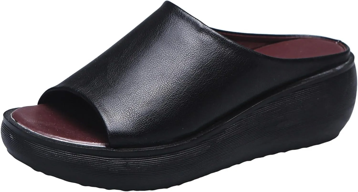 Orthopedic Sandals for Women Orthotic Leather Wedges Slides Damping Sole Upgradation Stretch Lightweight Sandals Slides Arch and Heel Support Platform Comfortable Walking Shoes