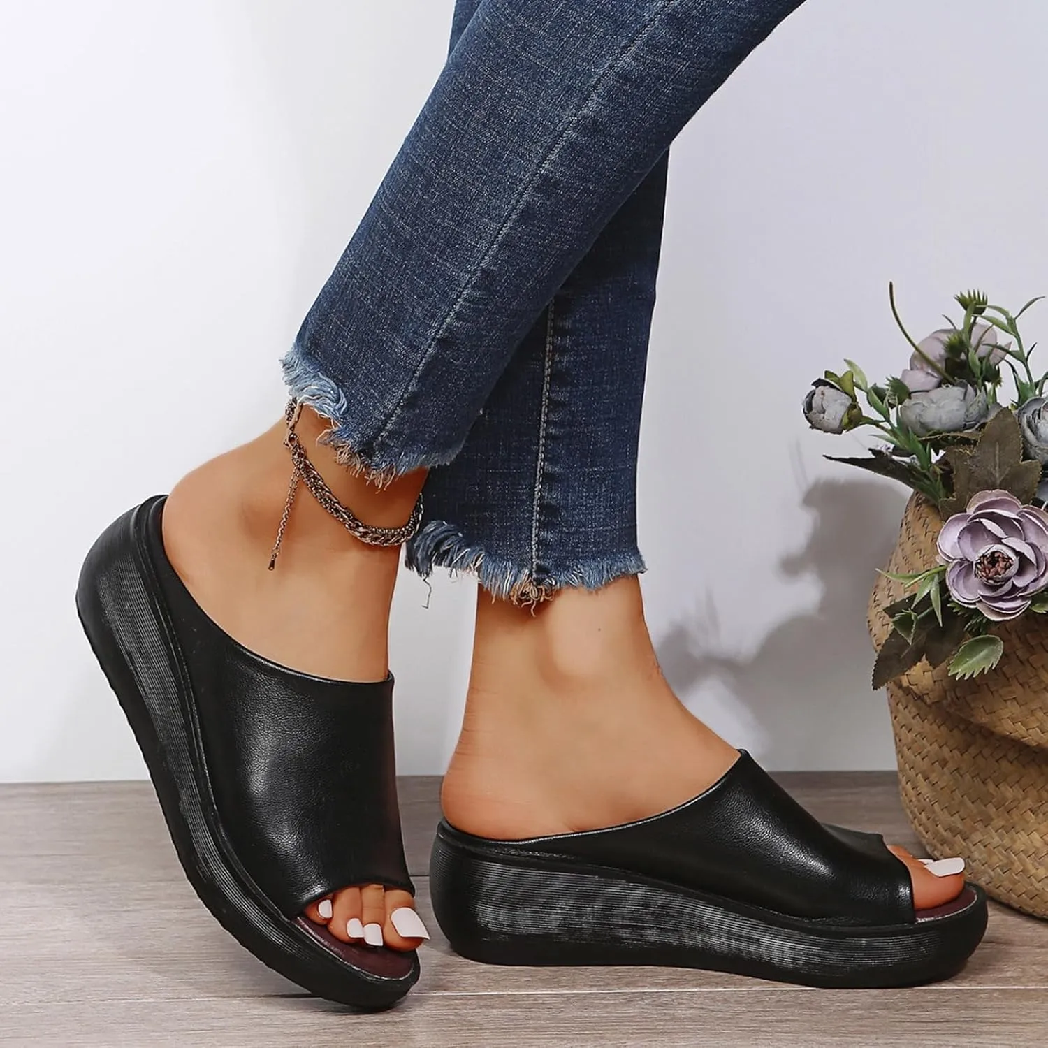 Orthopedic Sandals for Women Orthotic Leather Wedges Slides Damping Sole Upgradation Stretch Lightweight Sandals Slides Arch and Heel Support Platform Comfortable Walking Shoes
