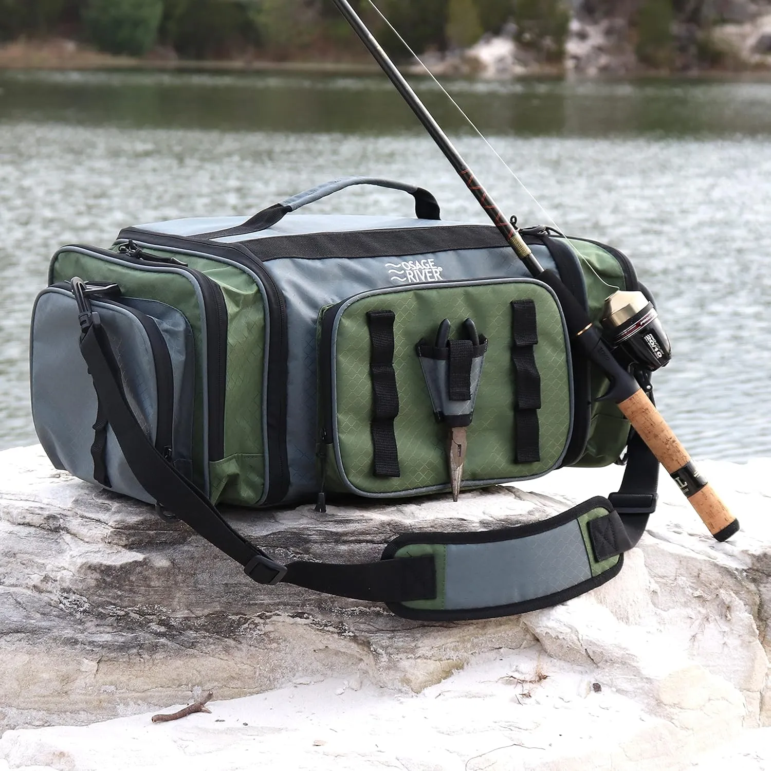 OSAGE RIVER Large Waterproof Fishing Tackle Bag with Padded Shoulder Strap, Ripstop Soft Sided Bag with Fishing Pliers Holder