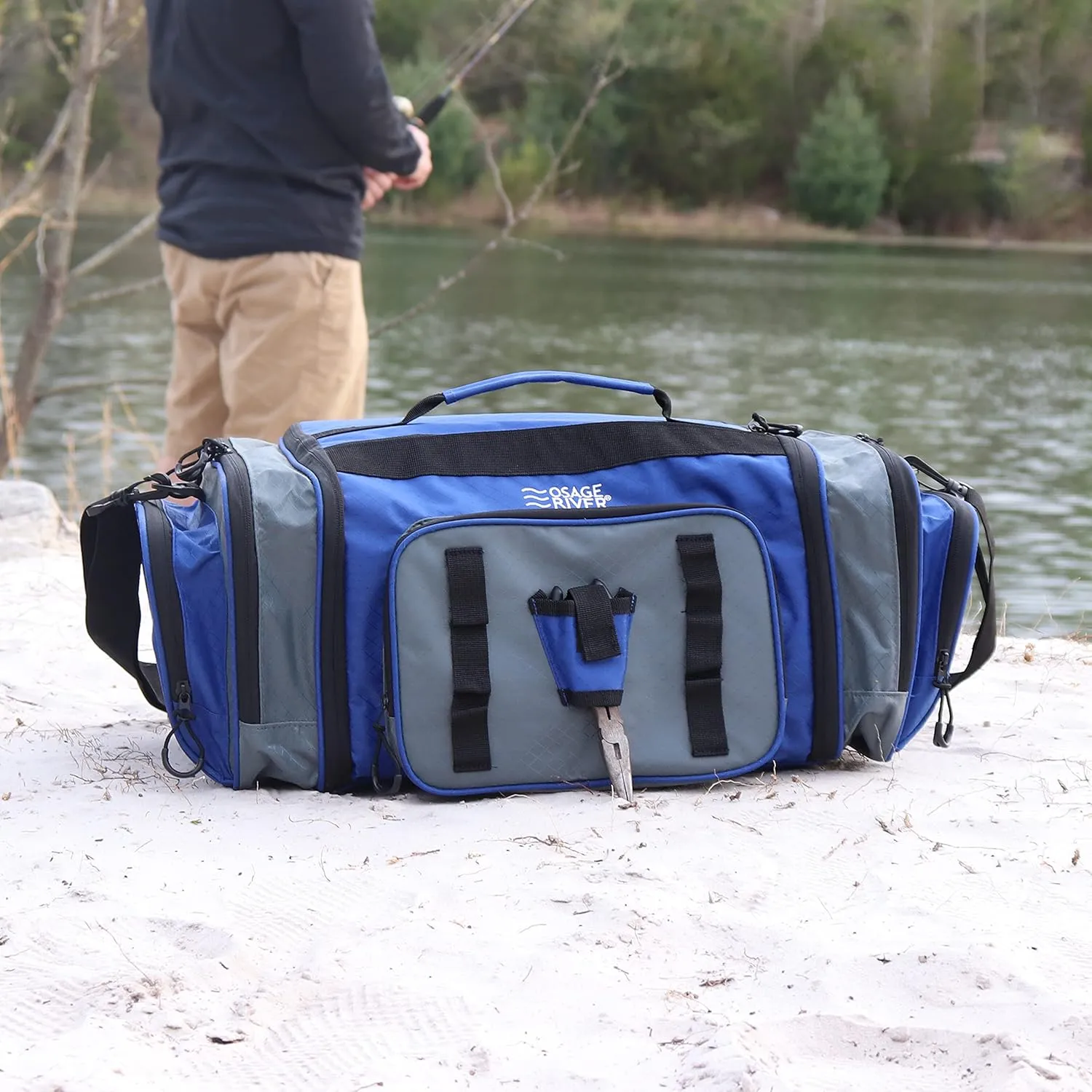 OSAGE RIVER Large Waterproof Fishing Tackle Bag with Padded Shoulder Strap, Ripstop Soft Sided Bag with Fishing Pliers Holder