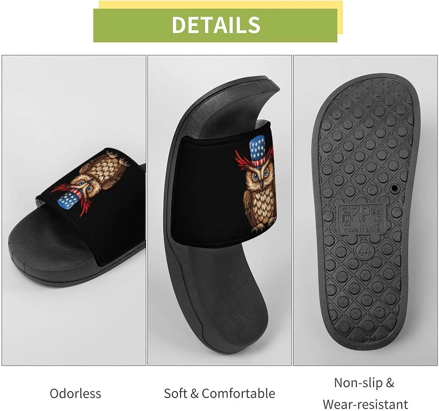 Owl with U.S. Flag Hat House Sandals Non-Slip Bathroom Slippers Beach Summer Shoes for Men Women