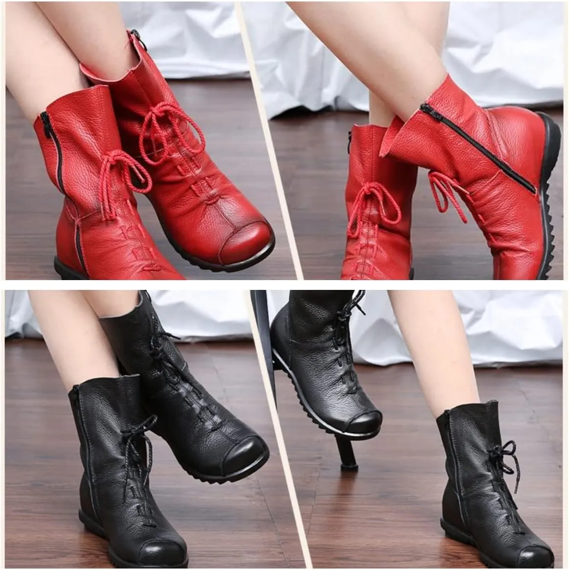 pearlzone Women’s Genuine Leather Casual Soft Flat Boots,Renaissance Natural Leather Handmade Historical Shoes