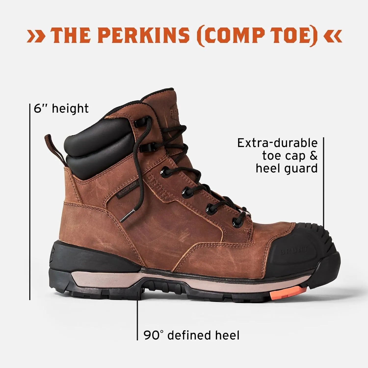 Perkins (Comp Toe) - Brown - 6" Waterproof Durable Wedge Work Boot with Defined Heel - EH Rated - Slip   Oil Resistant - Adjustable Width System