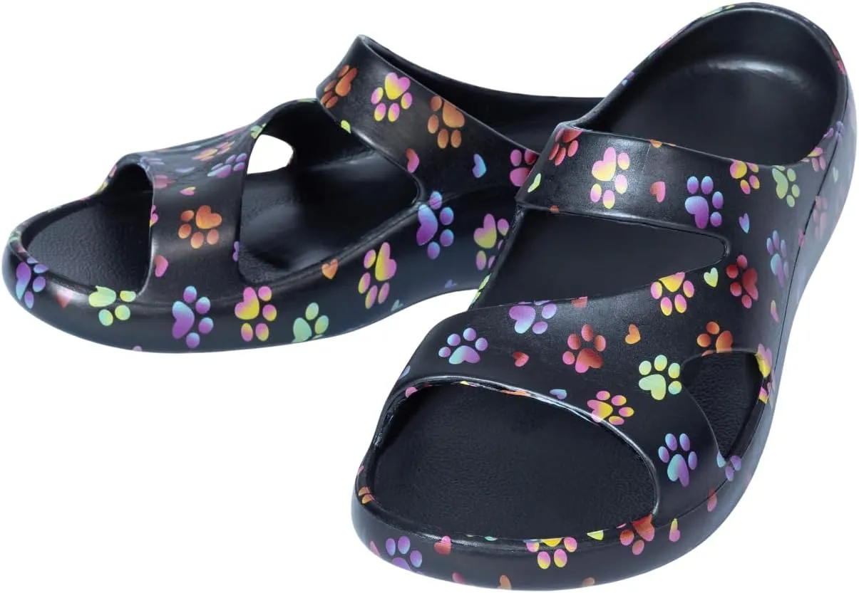 Positively Inspired Slide Sandals Ultra Lightweight Cushioned EVA Soles Easy Slip On Durable Quick Dry Beach Sandal (Ombrew Paws with Hearts, 8)
