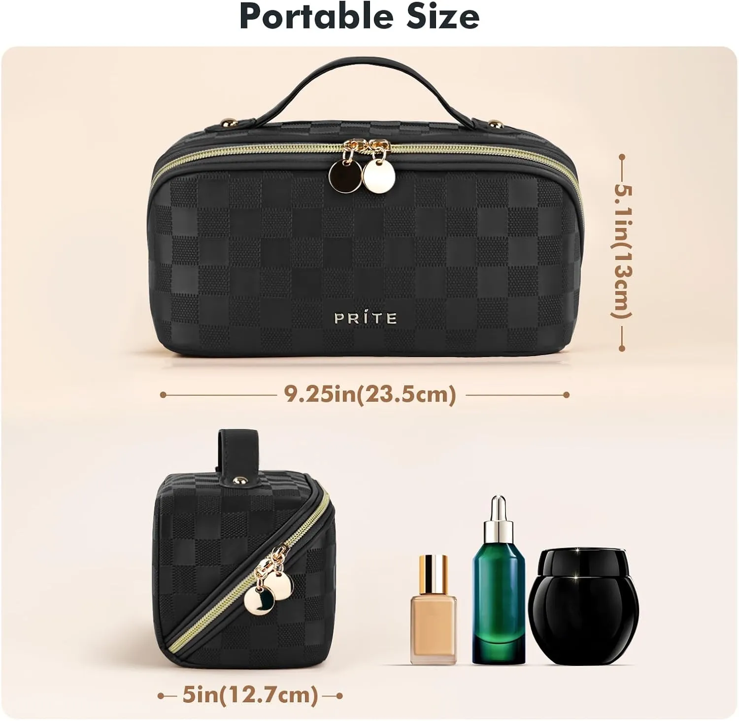 Prite Makeup Bag for Women Travel Waterproof Vegan Leather Cosmetic Bag Open Flat Toiletry Bag With Clear Divider and Handle (Plaid Black)