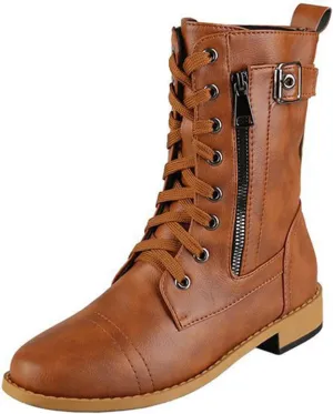 PURCHAWEE Women's Vintage Leather Flat Heel Mid Knee High Boots,Slouchy Non-slip Side Zipper Buckle Combat Boots Cowgirl Rider Boots