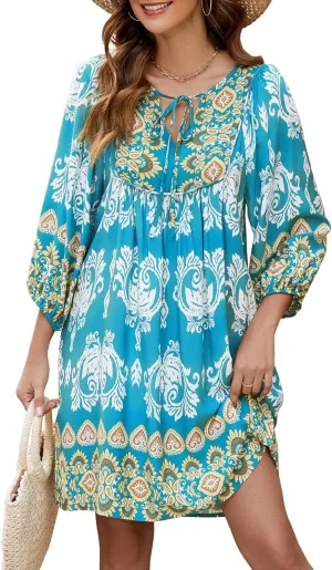 Qearal Womens Casual V Neck 3/4 Sleeve Boho Floral Printed Loose Short Mini Summer Beach Dress