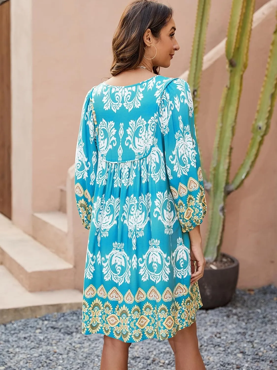 Qearal Womens Casual V Neck 3/4 Sleeve Boho Floral Printed Loose Short Mini Summer Beach Dress