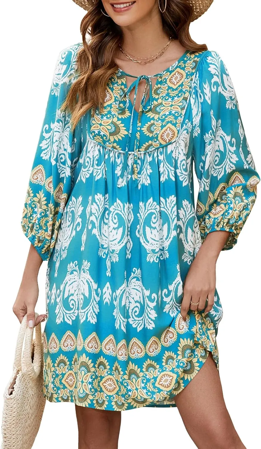 Qearal Womens Casual V Neck 3/4 Sleeve Boho Floral Printed Loose Short Mini Summer Beach Dress