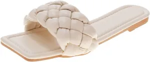 QMFUR Women Square Toe Flat Sandals Woven Leather Slippers Beach slides