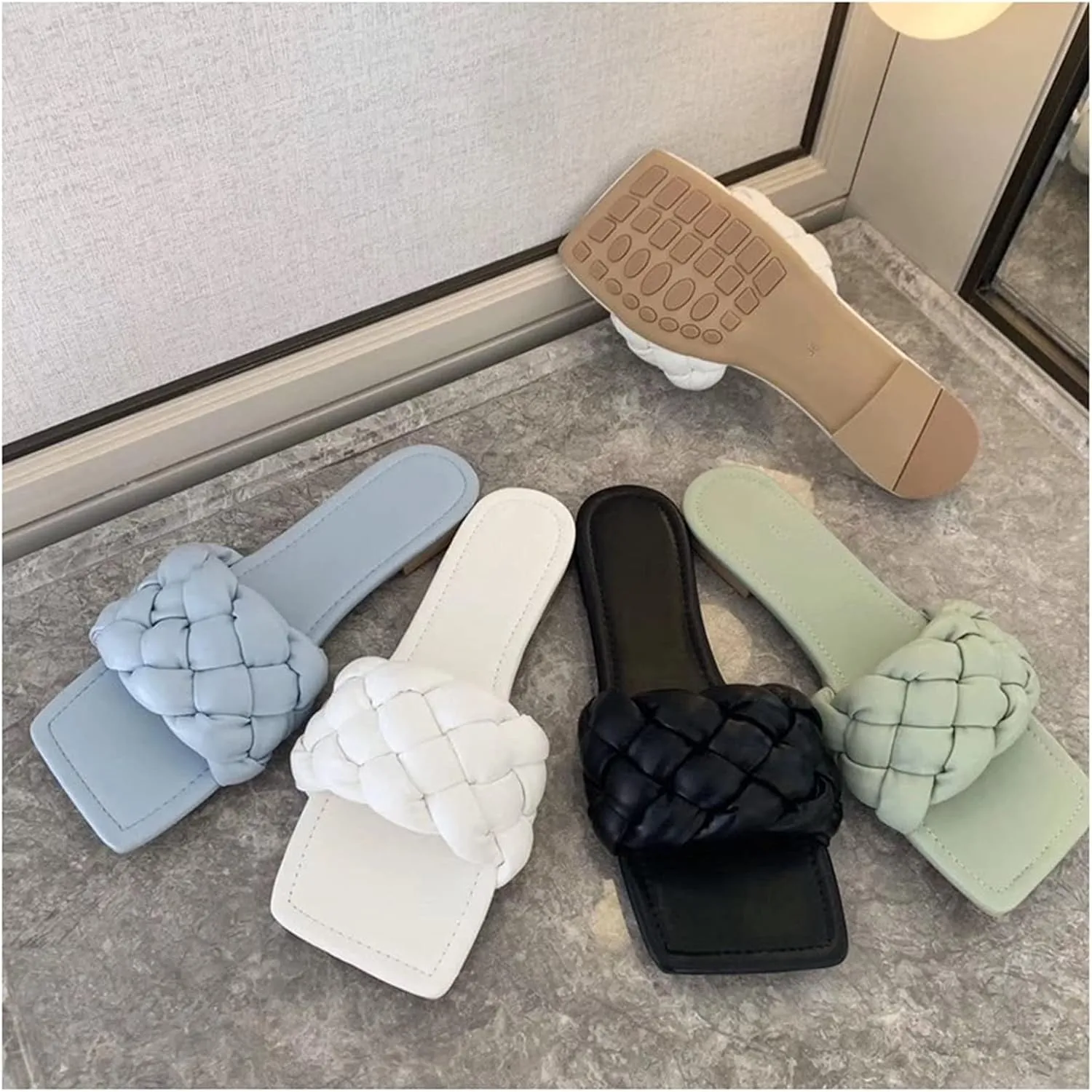 QMFUR Women Square Toe Flat Sandals Woven Leather Slippers Beach slides