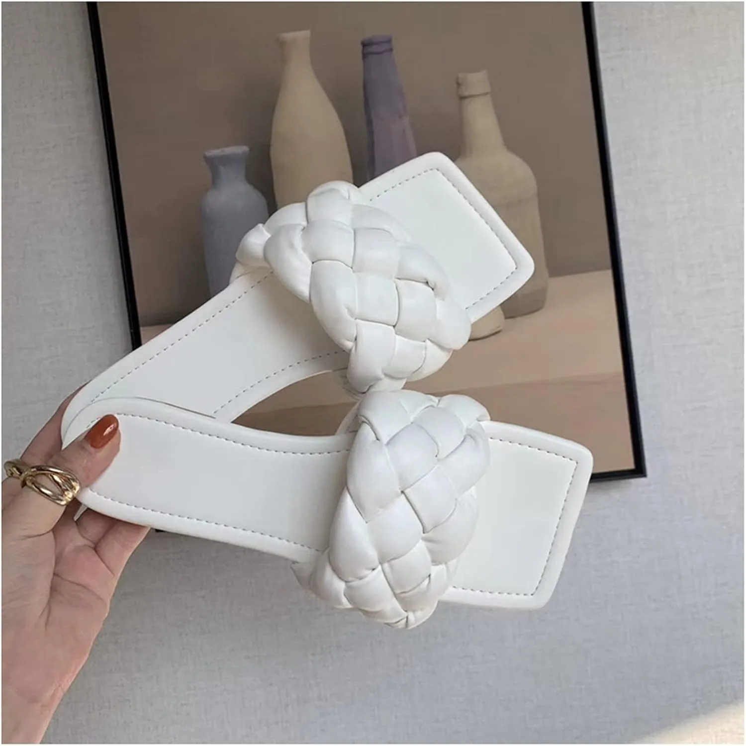 QMFUR Women Square Toe Flat Sandals Woven Leather Slippers Beach slides