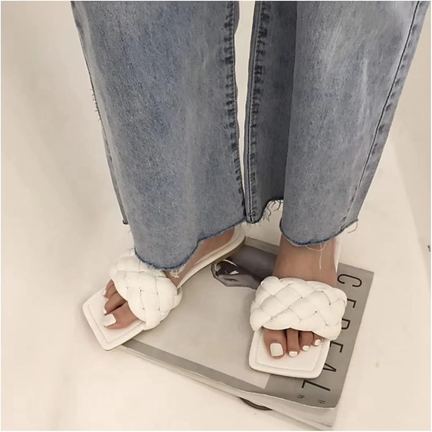 QMFUR Women Square Toe Flat Sandals Woven Leather Slippers Beach slides