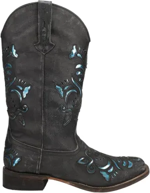 ROPER Womens Belle Metallic Tooled Inlay Square Toe Casual Boots Mid Calf Low Heel 1-2" - Black