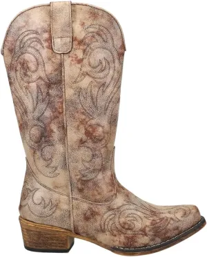 ROPER Womens Riley Embroidered Snip Toe Casual Boots Mid Calf Mid Heel 2-3" - Brown