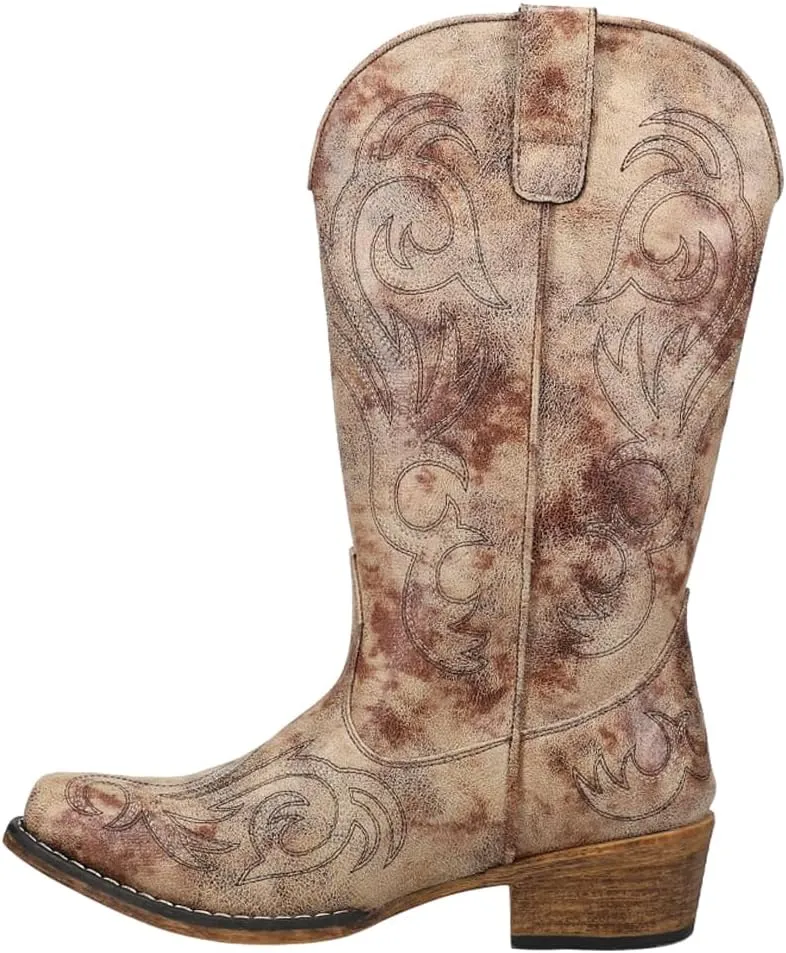ROPER Womens Riley Embroidered Snip Toe Casual Boots Mid Calf Mid Heel 2-3" - Brown