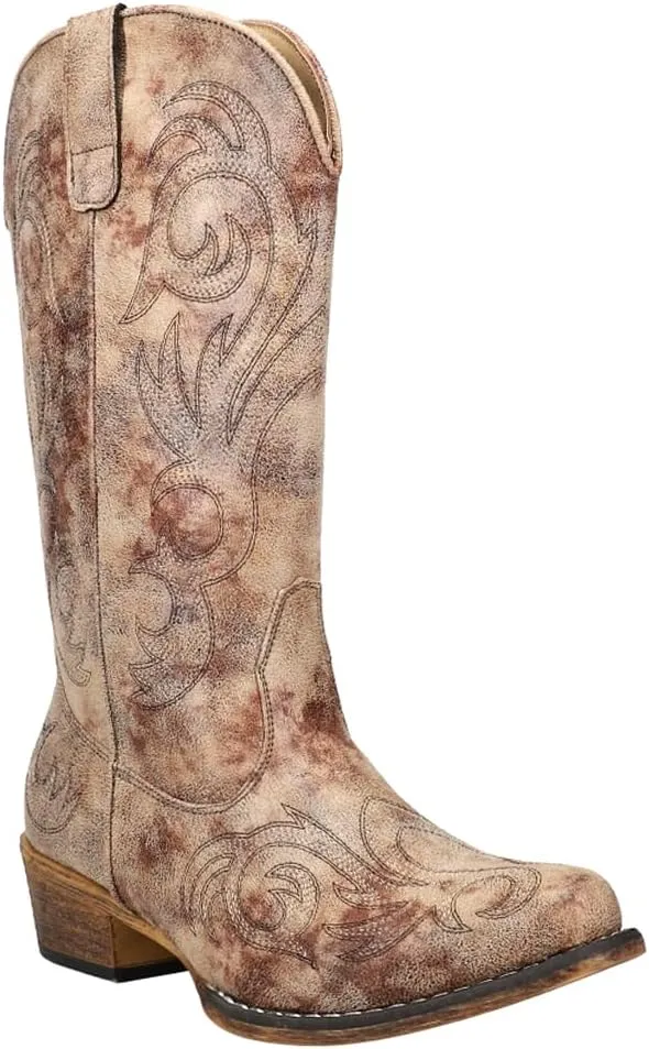 ROPER Womens Riley Embroidered Snip Toe Casual Boots Mid Calf Mid Heel 2-3" - Brown