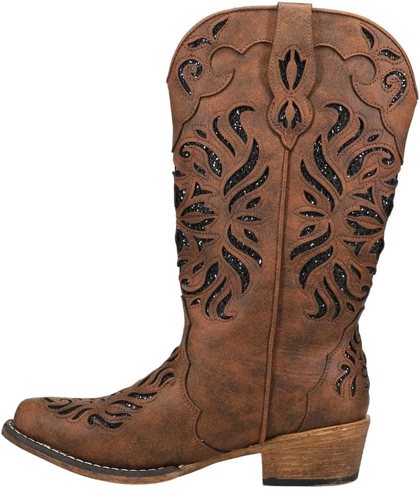 ROPER Womens Riley Glitz Tooled-Inlay Snip Toe Casual Boots Mid Calf Low Heel 1-2" - Brown