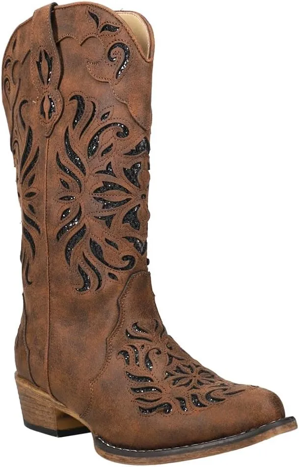 ROPER Womens Riley Glitz Tooled-Inlay Snip Toe Casual Boots Mid Calf Low Heel 1-2" - Brown