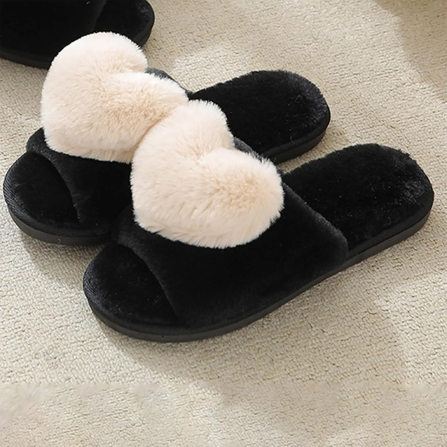 Rteyno Women's Fuzzy Slippers 3D Heart Open Toe Non-slip Soft Sole House Shoes Girl Ladies Indoor Outdoor Shoes