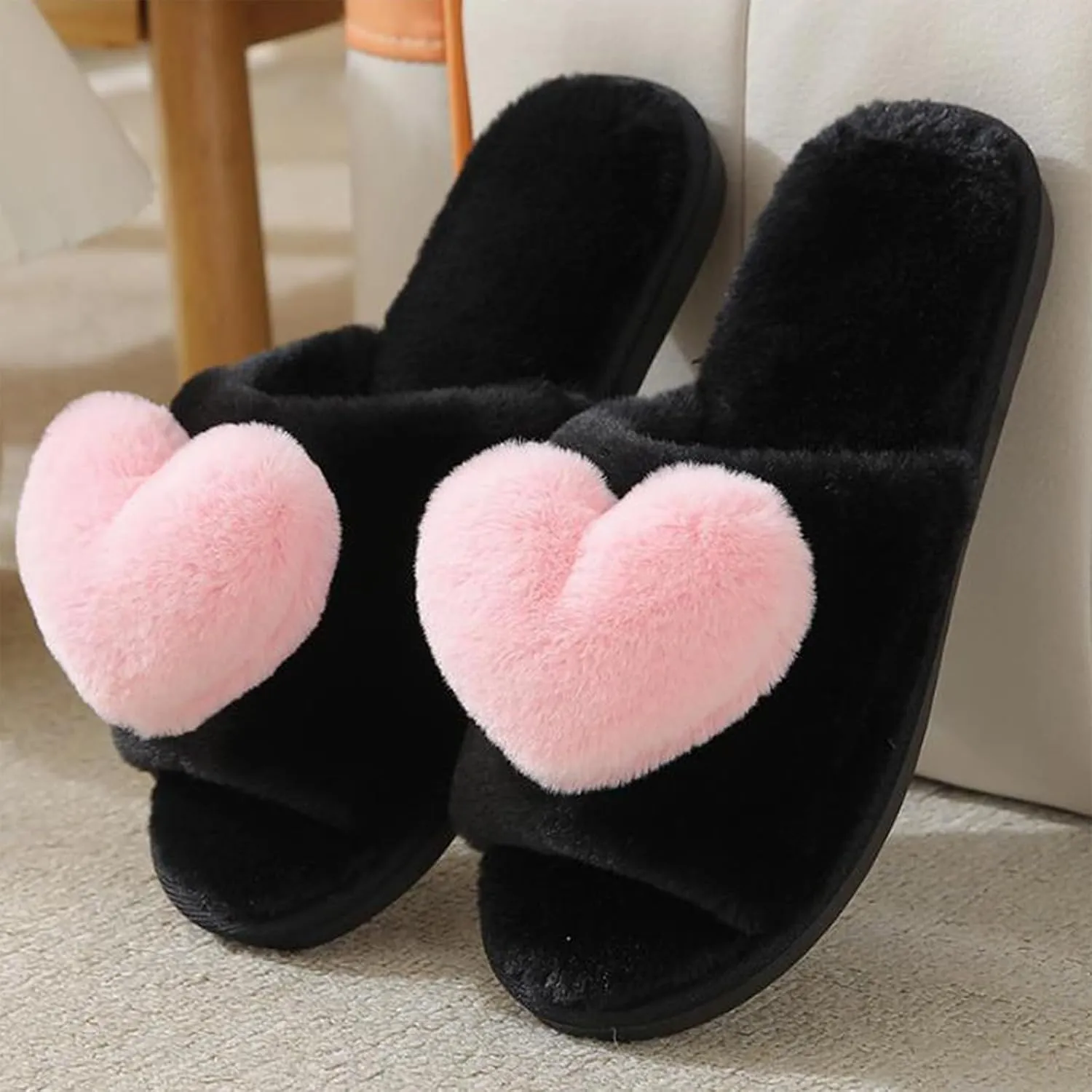Rteyno Women's Fuzzy Slippers 3D Heart Open Toe Non-slip Soft Sole House Shoes Girl Ladies Indoor Outdoor Shoes