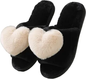Rteyno Women's Fuzzy Slippers 3D Heart Open Toe Non-slip Soft Sole House Shoes Girl Ladies Indoor Outdoor Shoes