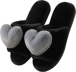 Rteyno Women's Fuzzy Slippers 3D Heart Open Toe Non-slip Soft Sole House Shoes Girl Ladies Indoor Outdoor Shoes