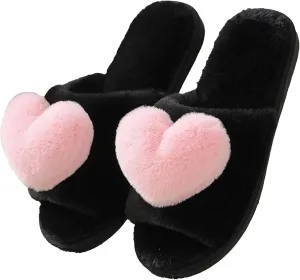 Rteyno Women's Fuzzy Slippers 3D Heart Open Toe Non-slip Soft Sole House Shoes Girl Ladies Indoor Outdoor Shoes