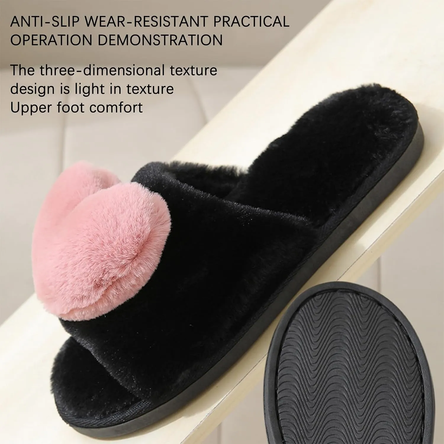 Rteyno Women's Fuzzy Slippers 3D Heart Open Toe Non-slip Soft Sole House Shoes Girl Ladies Indoor Outdoor Shoes