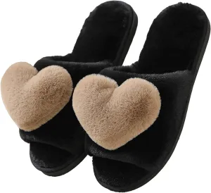 Rteyno Women's Fuzzy Slippers 3D Heart Open Toe Non-slip Soft Sole House Shoes Girl Ladies Indoor Outdoor Shoes