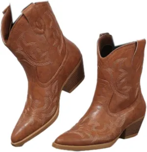SACFOF Cowgirl Cowboy Boots for Women Wide Calf Western Ankle Boots Booties Stitched Embroidered Pointed Toe Short Chunky Heel Pull On Boots