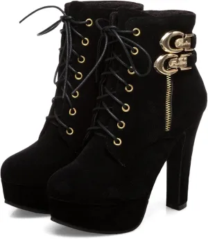 SACFOF High Heel Boots for Women,Wedges Platform Lace Up Biker Boot Heels Sexy Round Toe Buckle Chunky High Heel Mid Calf Boots