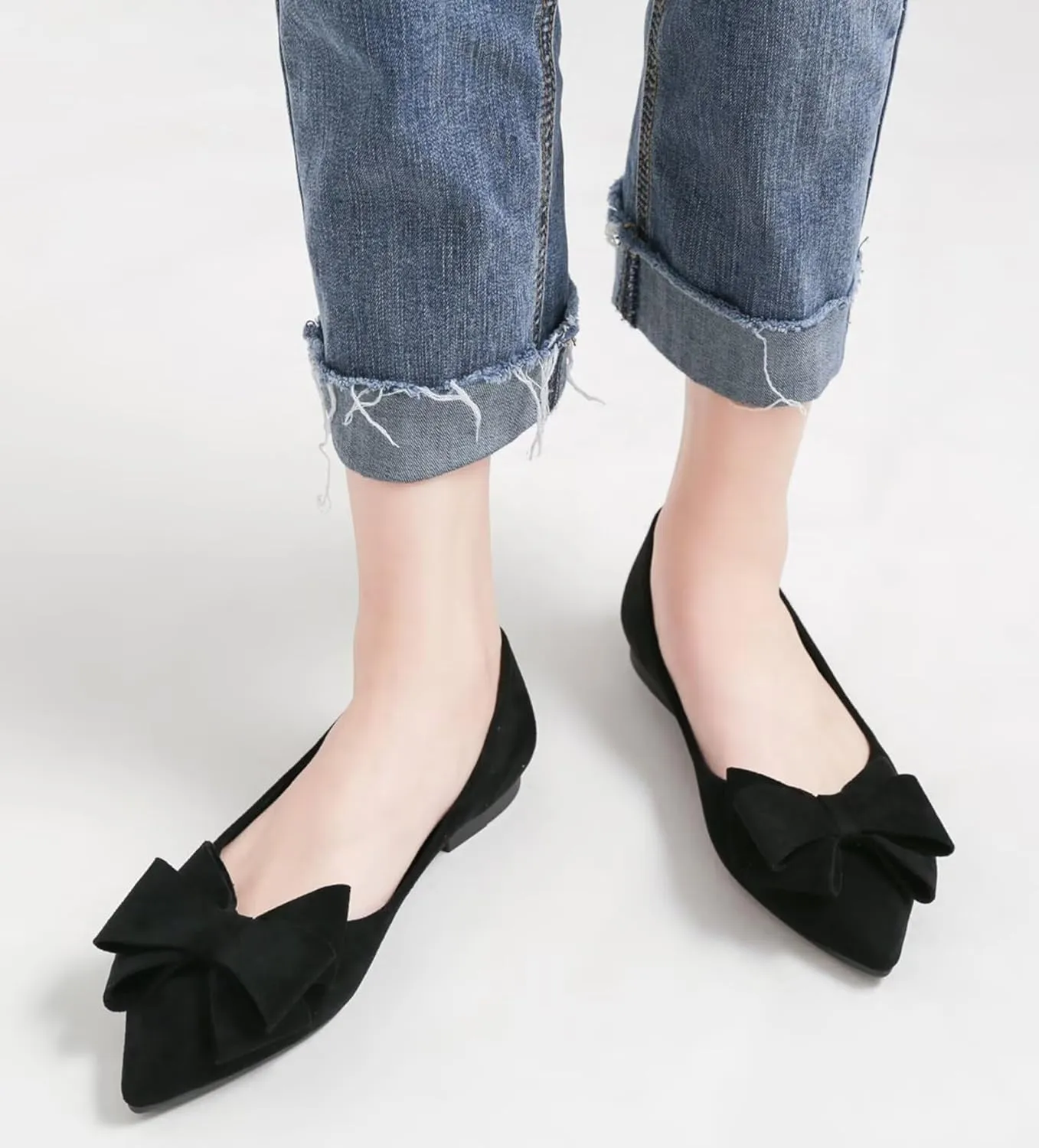 SAILING LU Bowknot Ballet Flats Womens Pointy Toe Casual Flat Shoes Suede Dress Shoes Wear to Work Slip On Moccasins