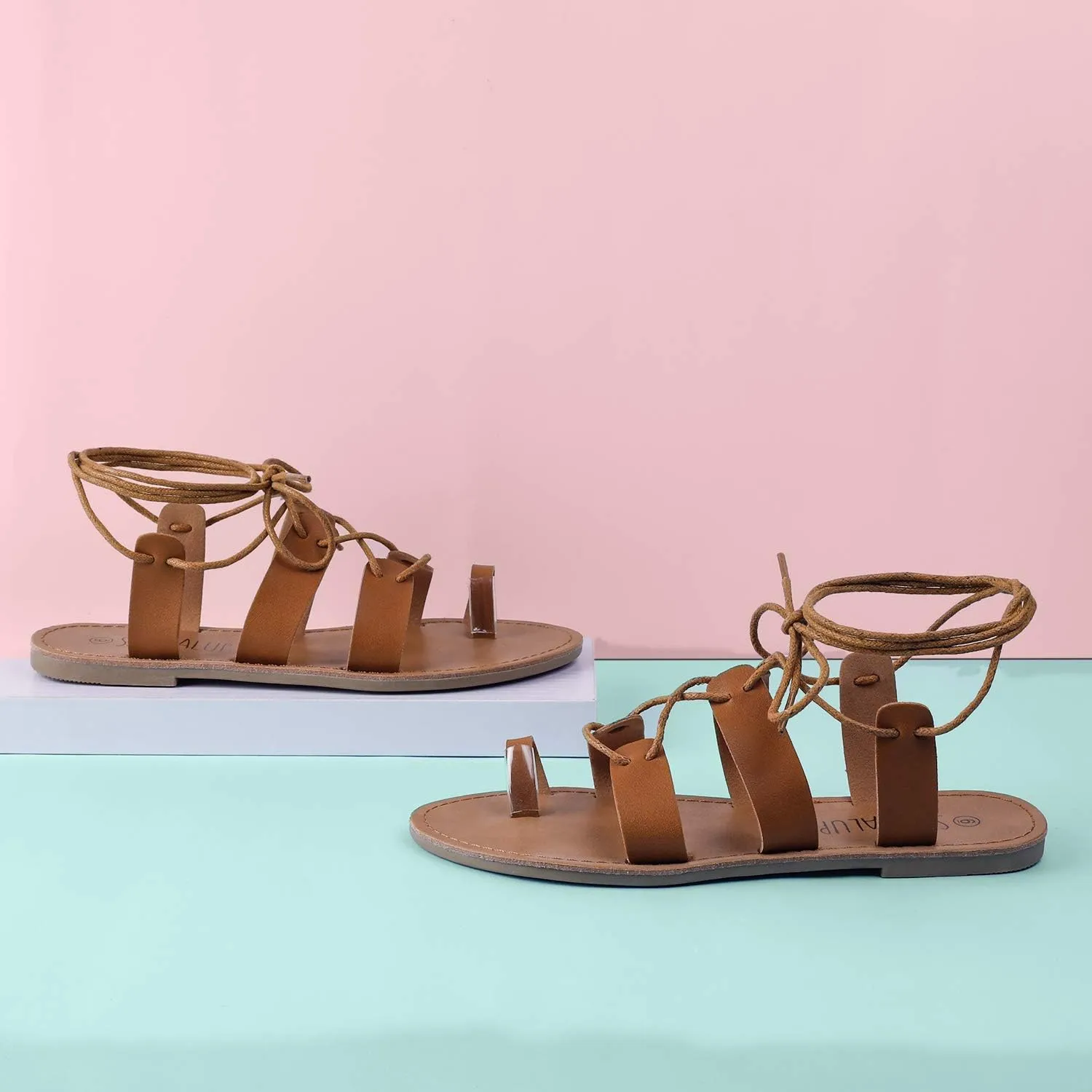 SANDALUP Tie Up Flat Gladiator Roman Sandals for Women