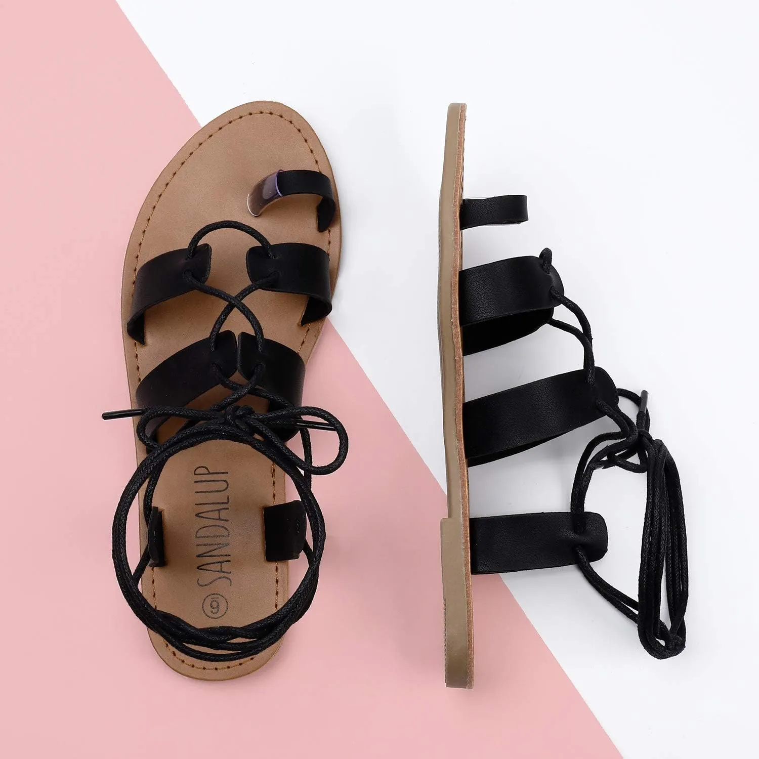 SANDALUP Tie Up Flat Gladiator Roman Sandals for Women