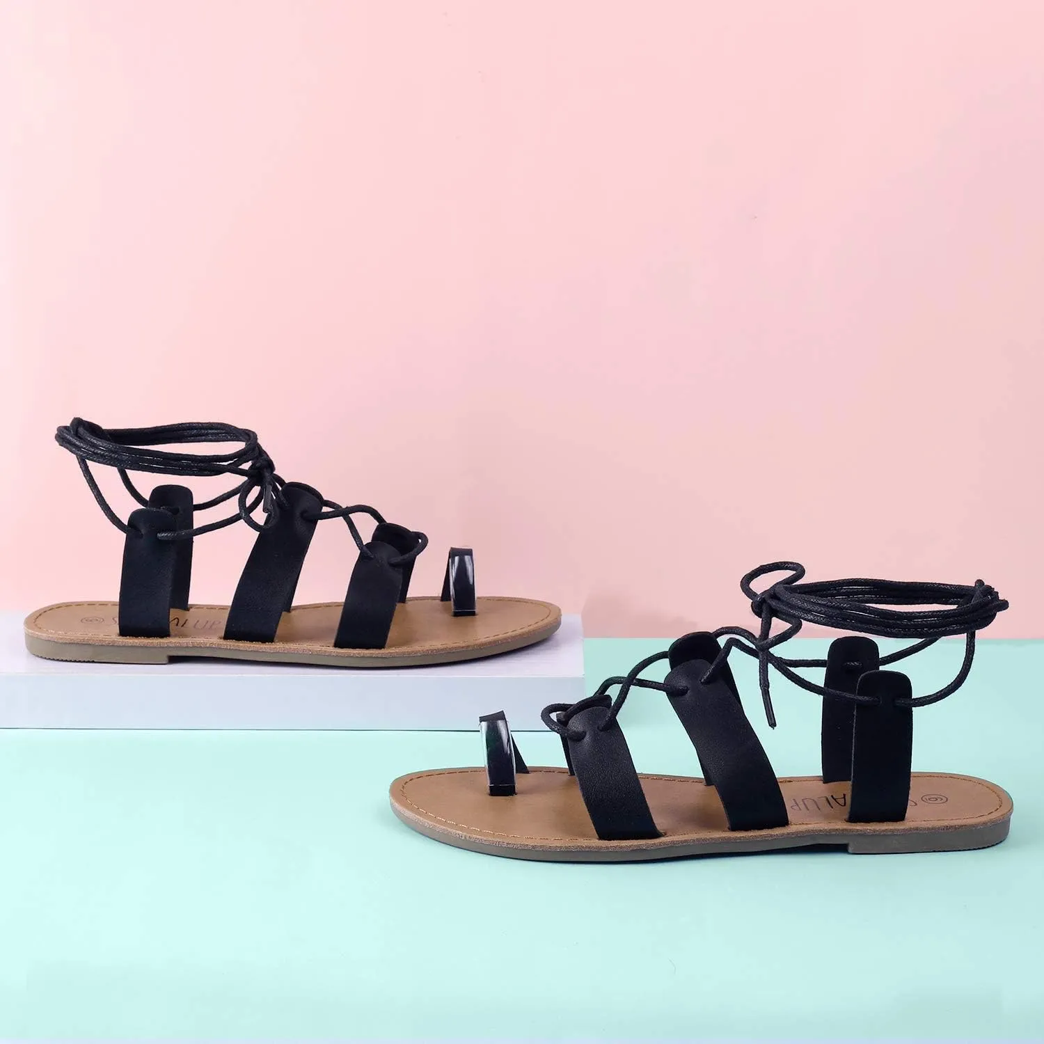 SANDALUP Tie Up Flat Gladiator Roman Sandals for Women