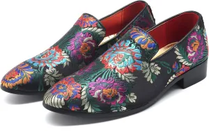 Santimon Mens Dress Shoes Smoking Slippers Casual Bow Slip-on Embroidery Flats Penny-Loafers Black Red